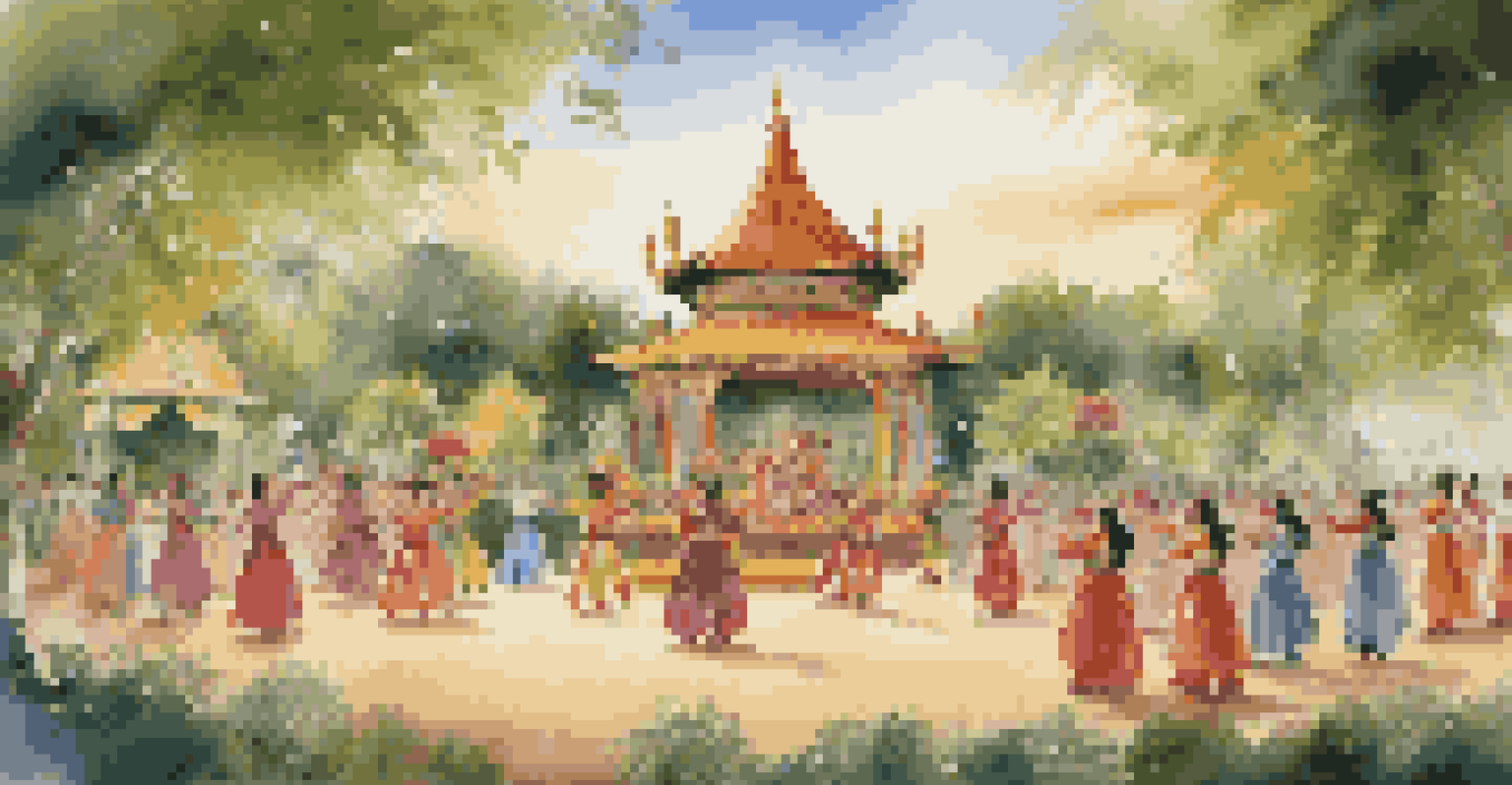 A traditional dance performance in an outdoor setting with performers in elaborate costumes and an engaged audience.