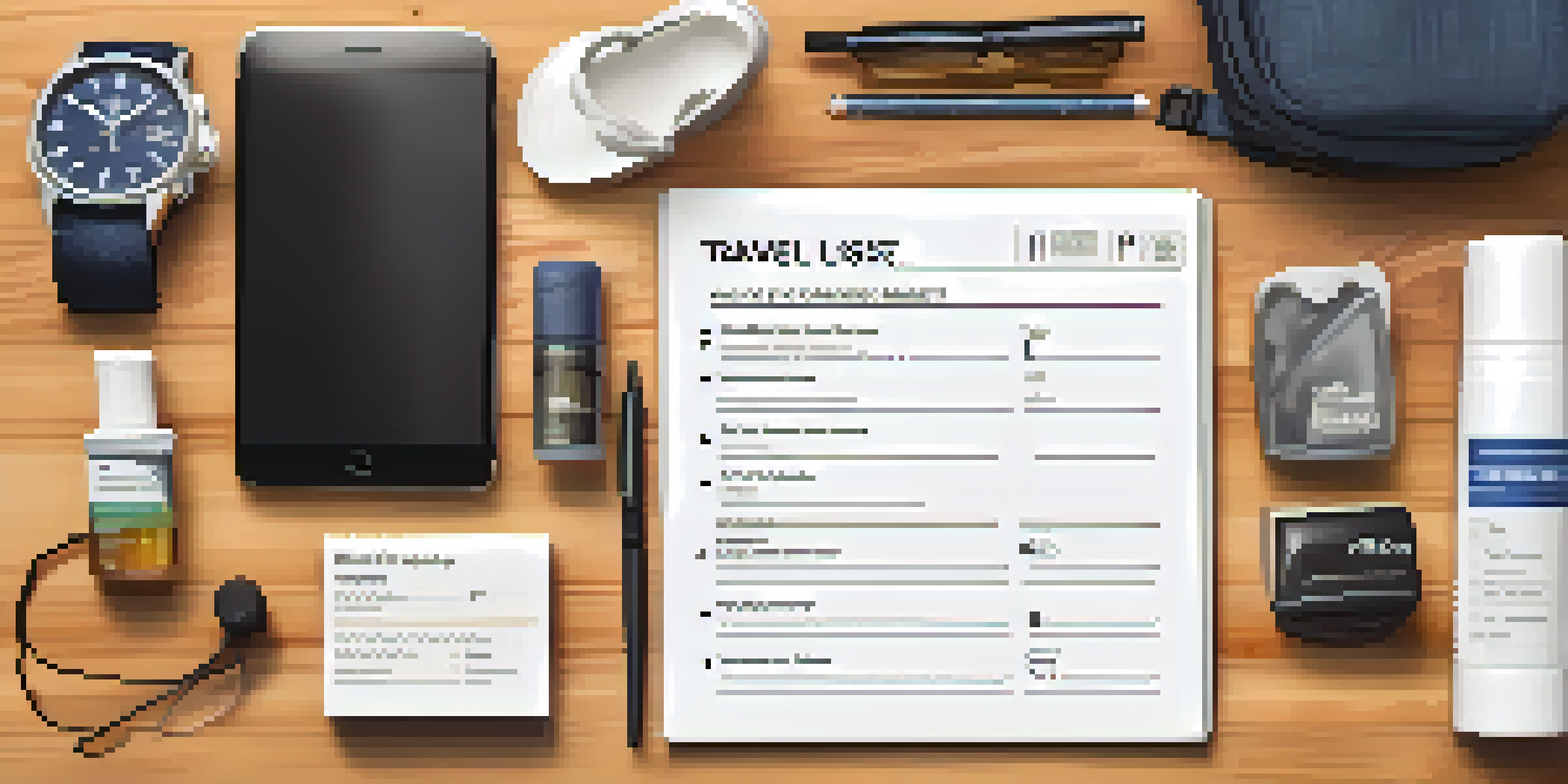 An organized travel packing list with categorized items on a wooden table, featuring clothing, toiletries, and electronics, illuminated by natural light.