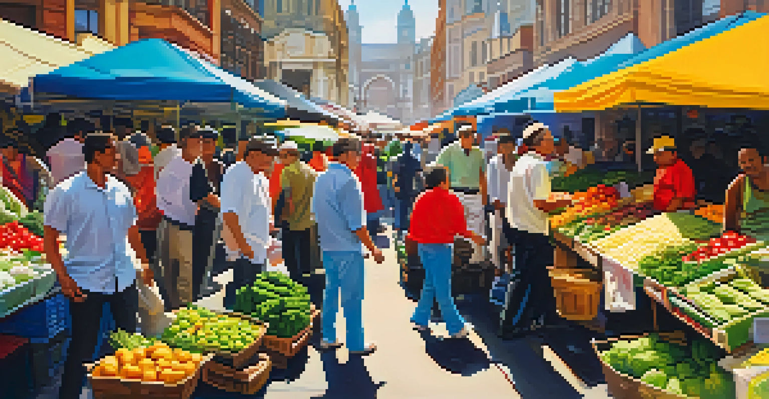 A lively city market scene with colorful stalls and diverse people interacting, showcasing the vibrant atmosphere of street life.