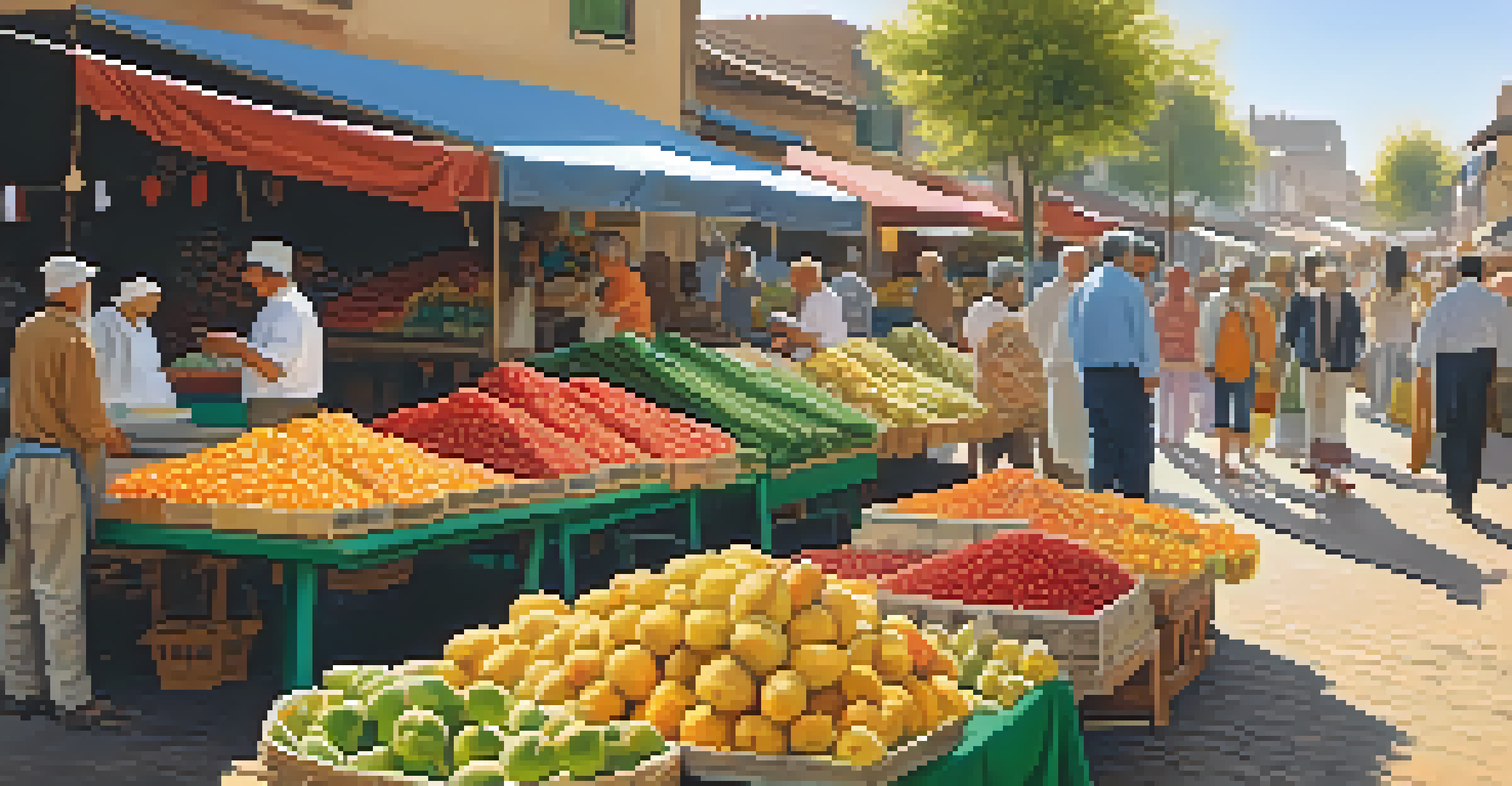 A lively street market filled with colorful produce and handmade crafts, with locals shopping and enjoying traditional foods.