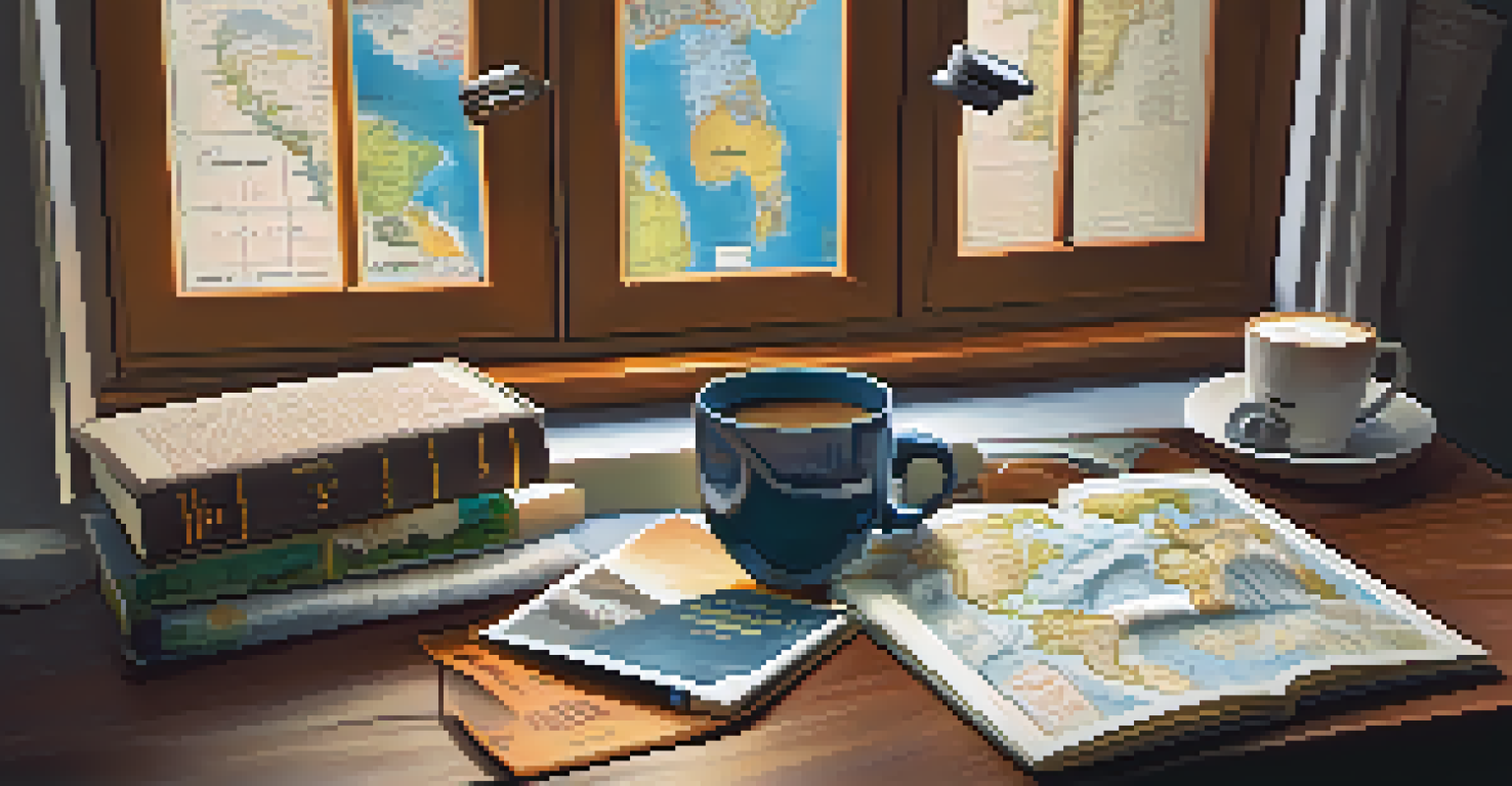 A travel workspace with a globe, journal, coffee, and laptop in warm light.