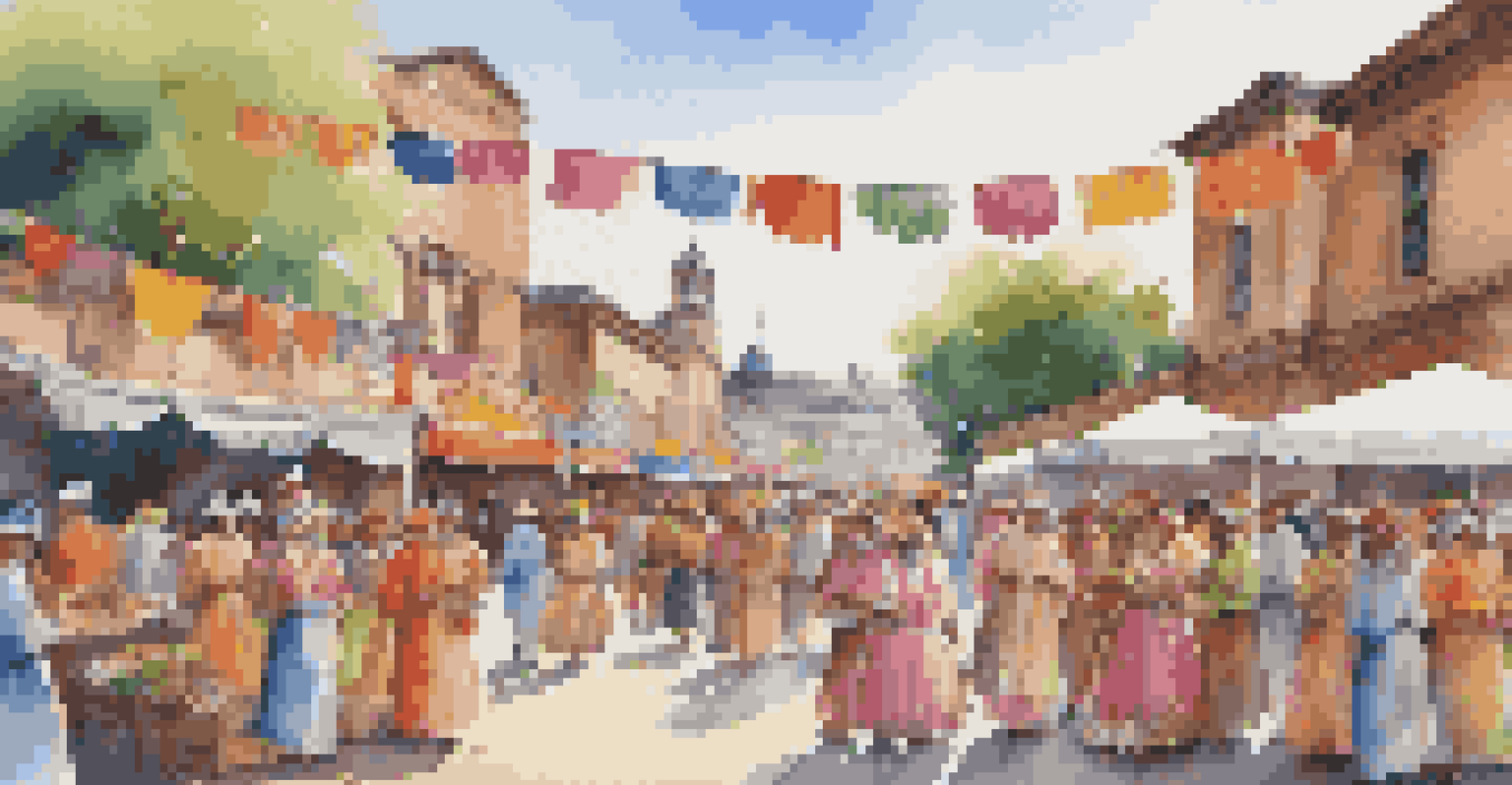 A lively community festival with families enjoying local crafts and foods, set against the backdrop of a historical landmark.