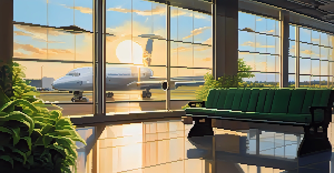 A traveler sitting on a bench in an airport, looking at an airplane outside the large windows, with warm sunlight shining through.