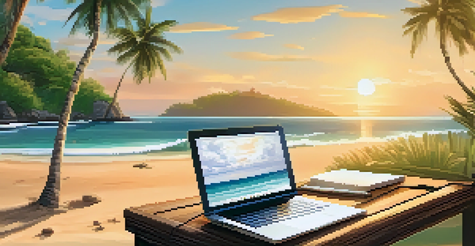 A peaceful beach workspace with a laptop and tropical drink, surrounded by palm trees and ocean waves at sunrise.