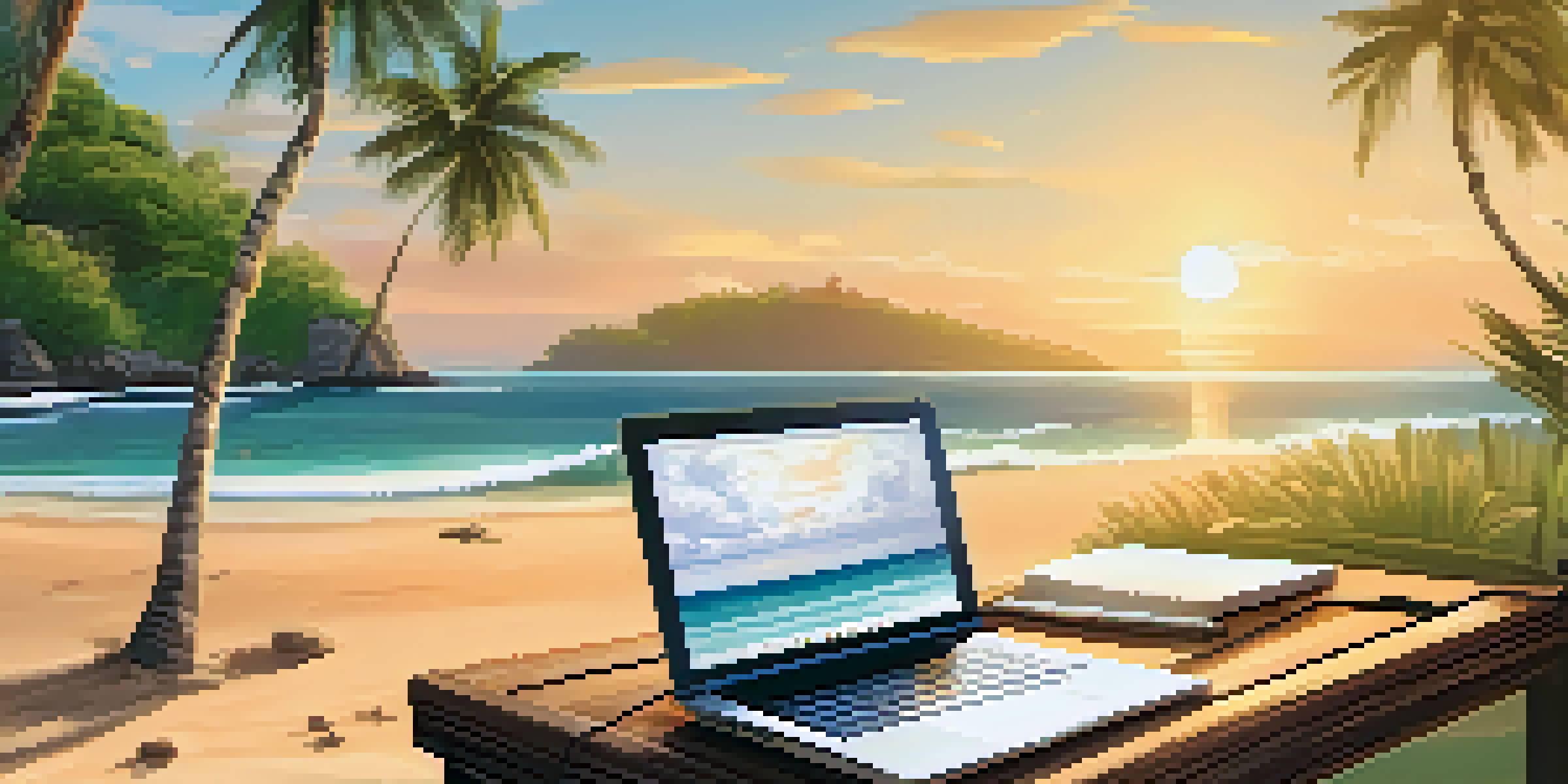 A peaceful beach workspace with a laptop and tropical drink, surrounded by palm trees and ocean waves at sunrise.