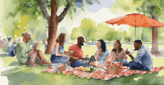 A diverse group of friends planning their trip in a sunny park with picnic blankets and green trees.
