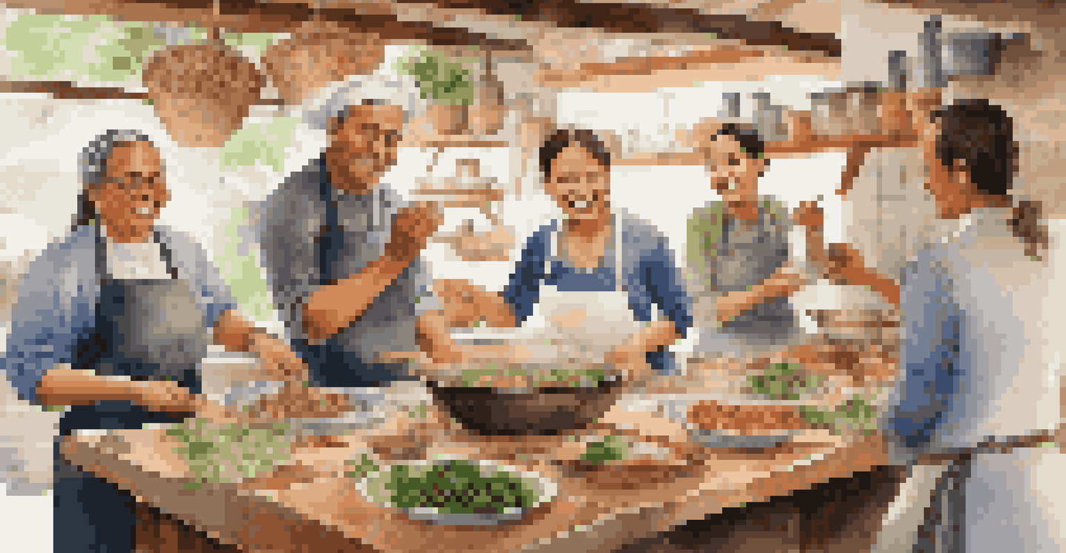 A local chef teaching travelers to cook in a cozy kitchen with fresh ingredients and spices.