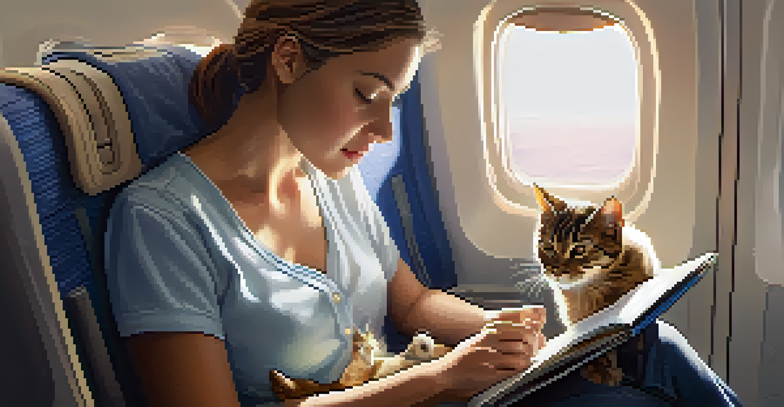 A pet owner calming their anxious cat in a carrier on an airplane, with soft cabin lighting.