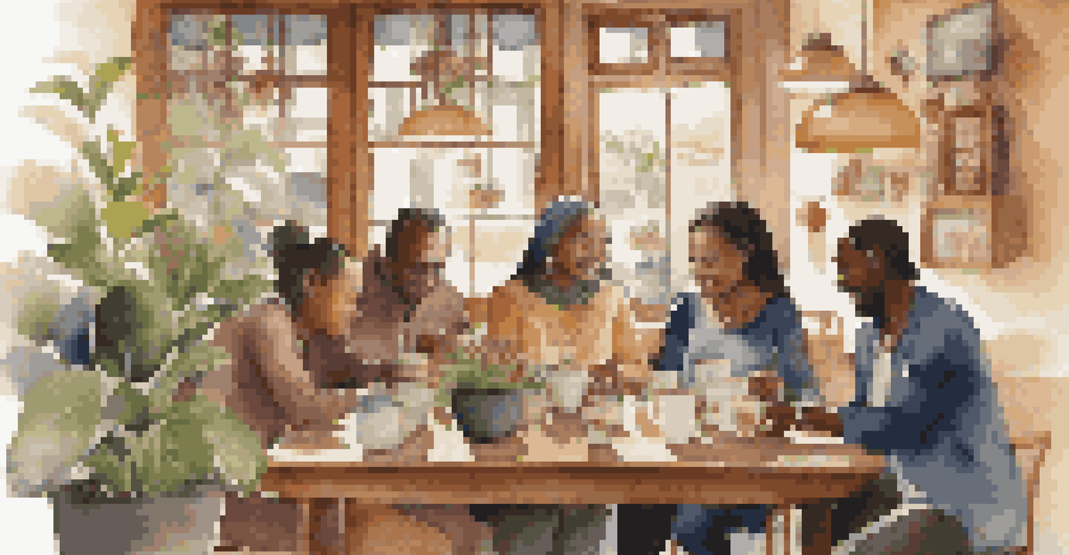 A cozy coffee shop with people of different ethnic backgrounds sharing a table and discussing their cultures over coffee.