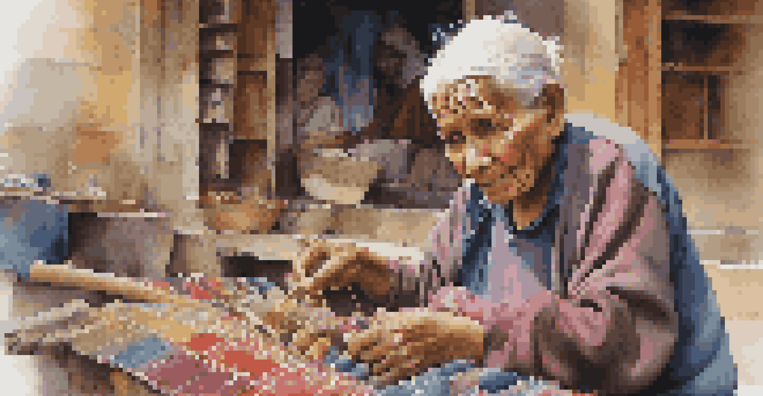 An elderly artisan creating traditional handicrafts in a vibrant market, with colorful textiles in the background.