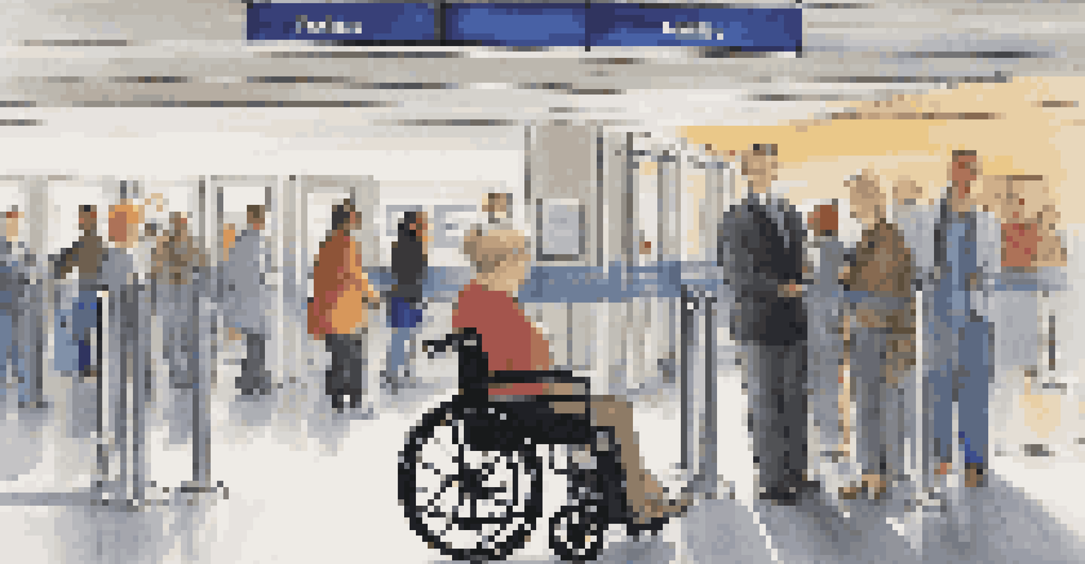 A boarding gate at the airport with a priority boarding sign, showing a gate agent assisting a traveler in a wheelchair.