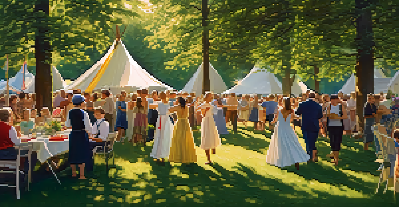 People dancing around a maypole during a Midsummer celebration in Sweden.
