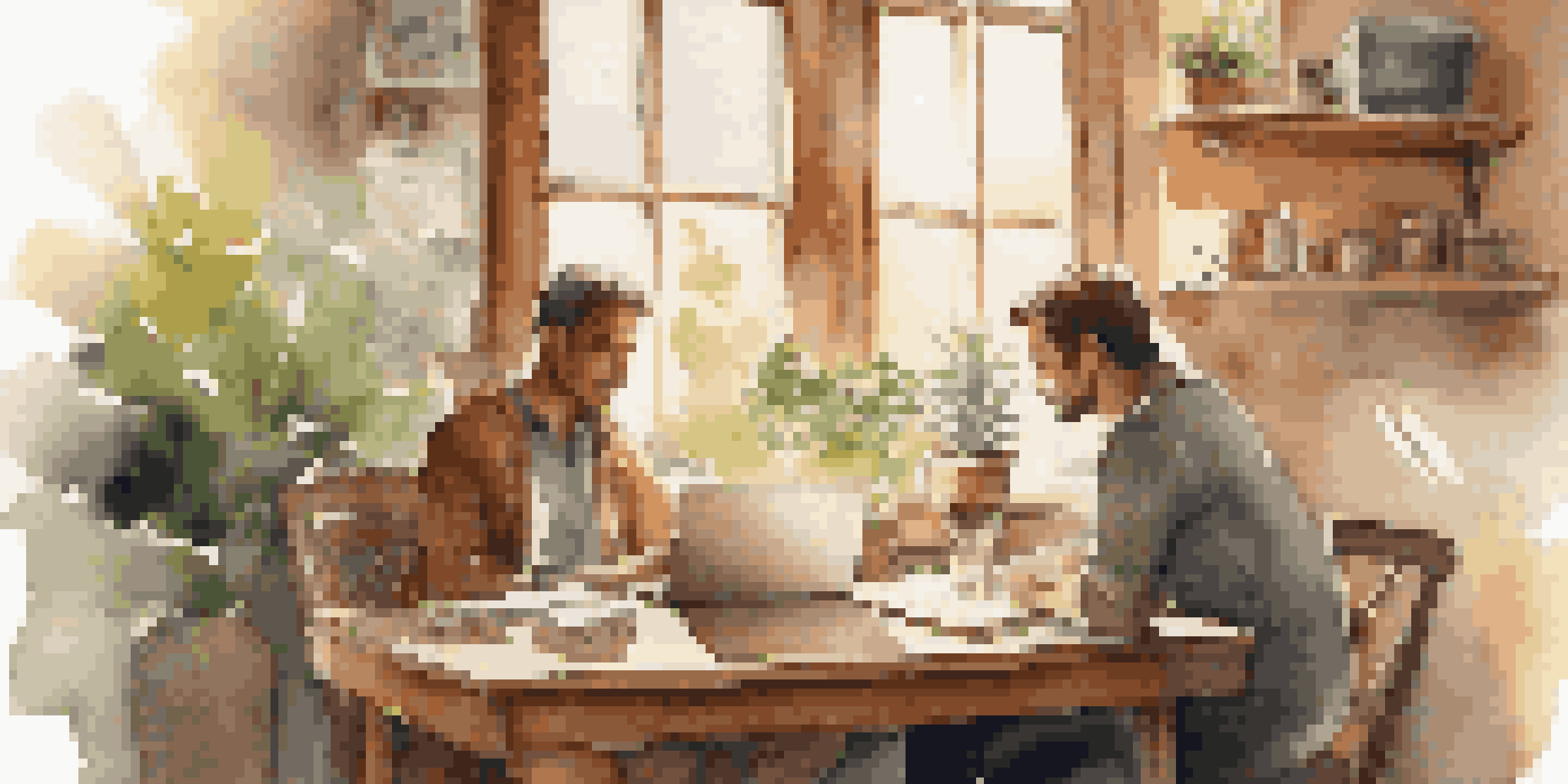 A couple collaborating on their travel plans at a café, with a laptop and travel materials on the table.