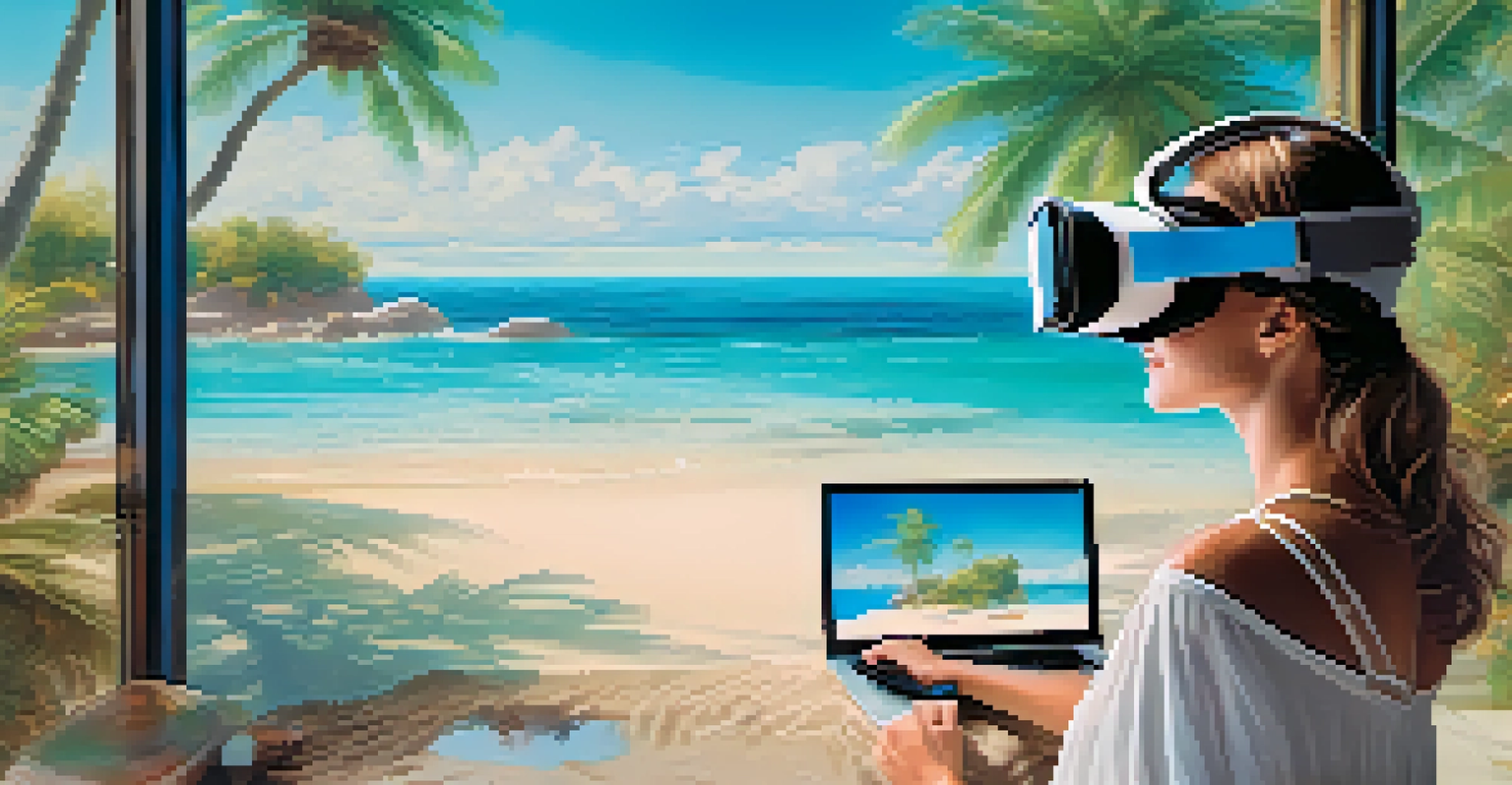 A traveler using virtual reality goggles to explore a beach destination, with a digital overlay of the virtual tour interface.