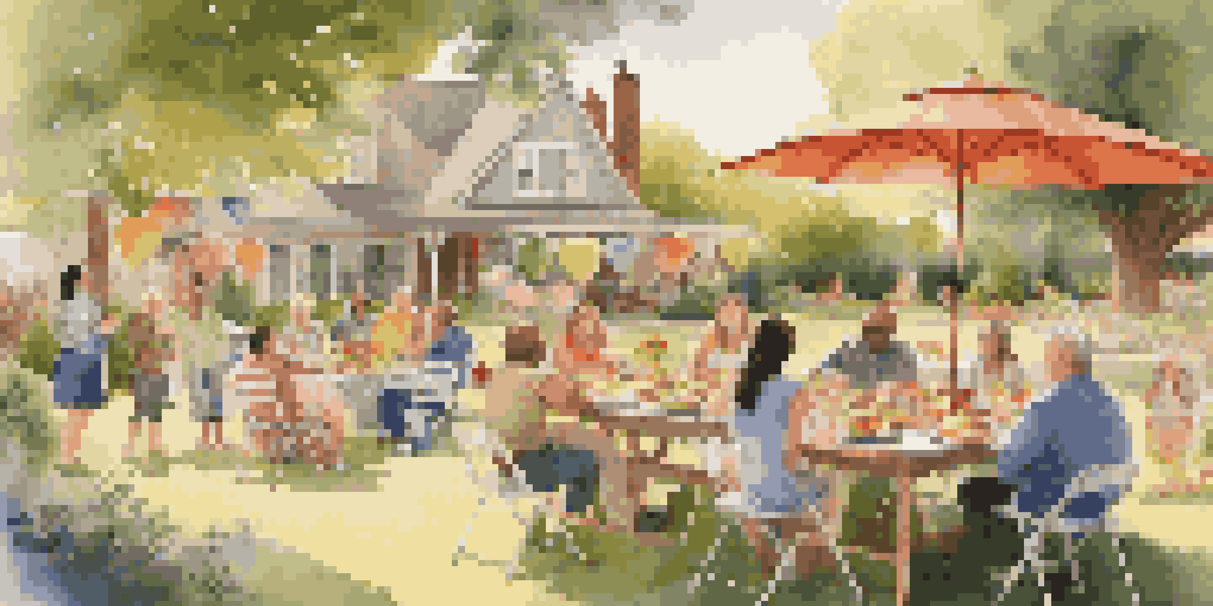 A family gathering in a backyard with people talking and children playing, set in a sunny atmosphere.