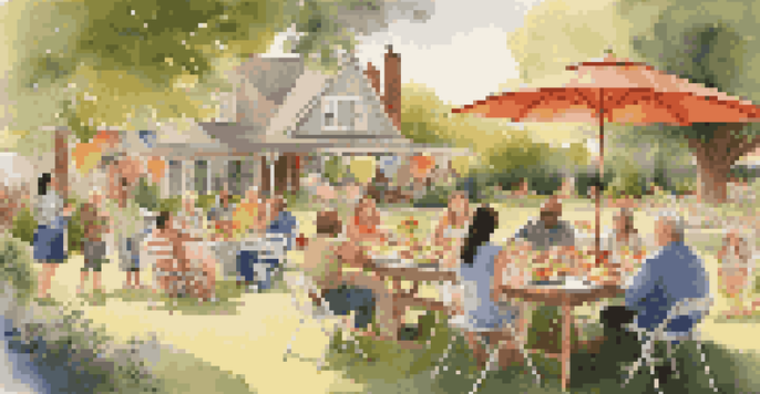 A family gathering in a backyard with people talking and children playing, set in a sunny atmosphere.