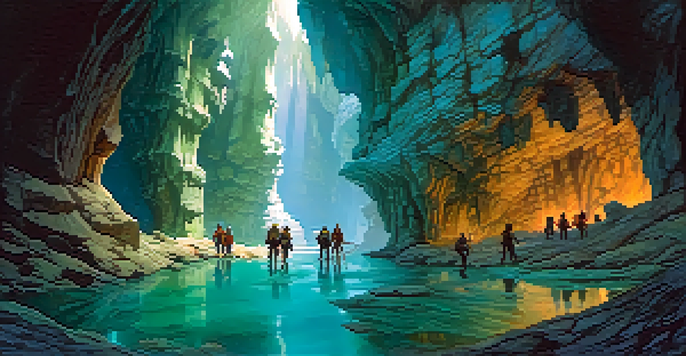 An underground cave with stalactites and stalagmites illuminated in blue and green lights, featuring a group of explorers in helmets.