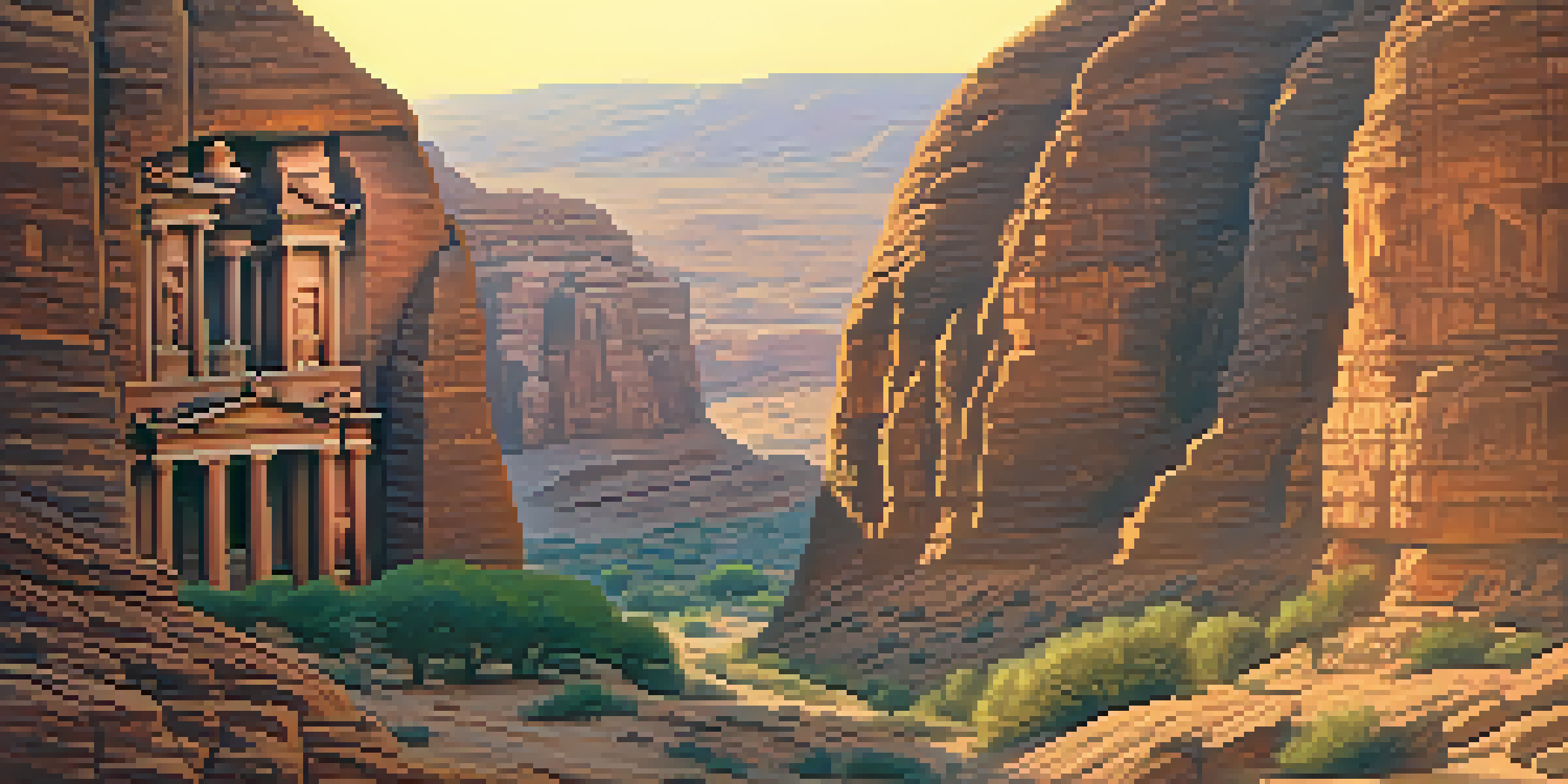 A panoramic view of Petra at sunrise with illuminated sandstone cliffs and the narrow Siq leading to the Treasury.