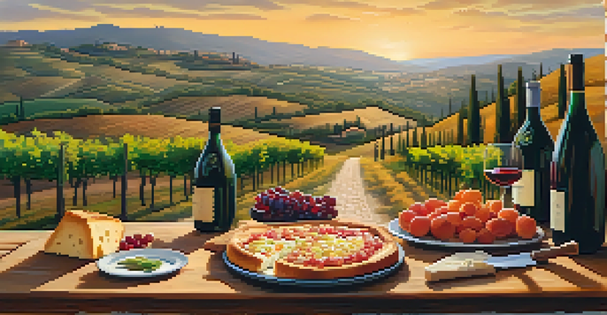 A beautiful landscape of Tuscany featuring a winding road, vineyards, and a wooden table set with local food and wine during sunset.