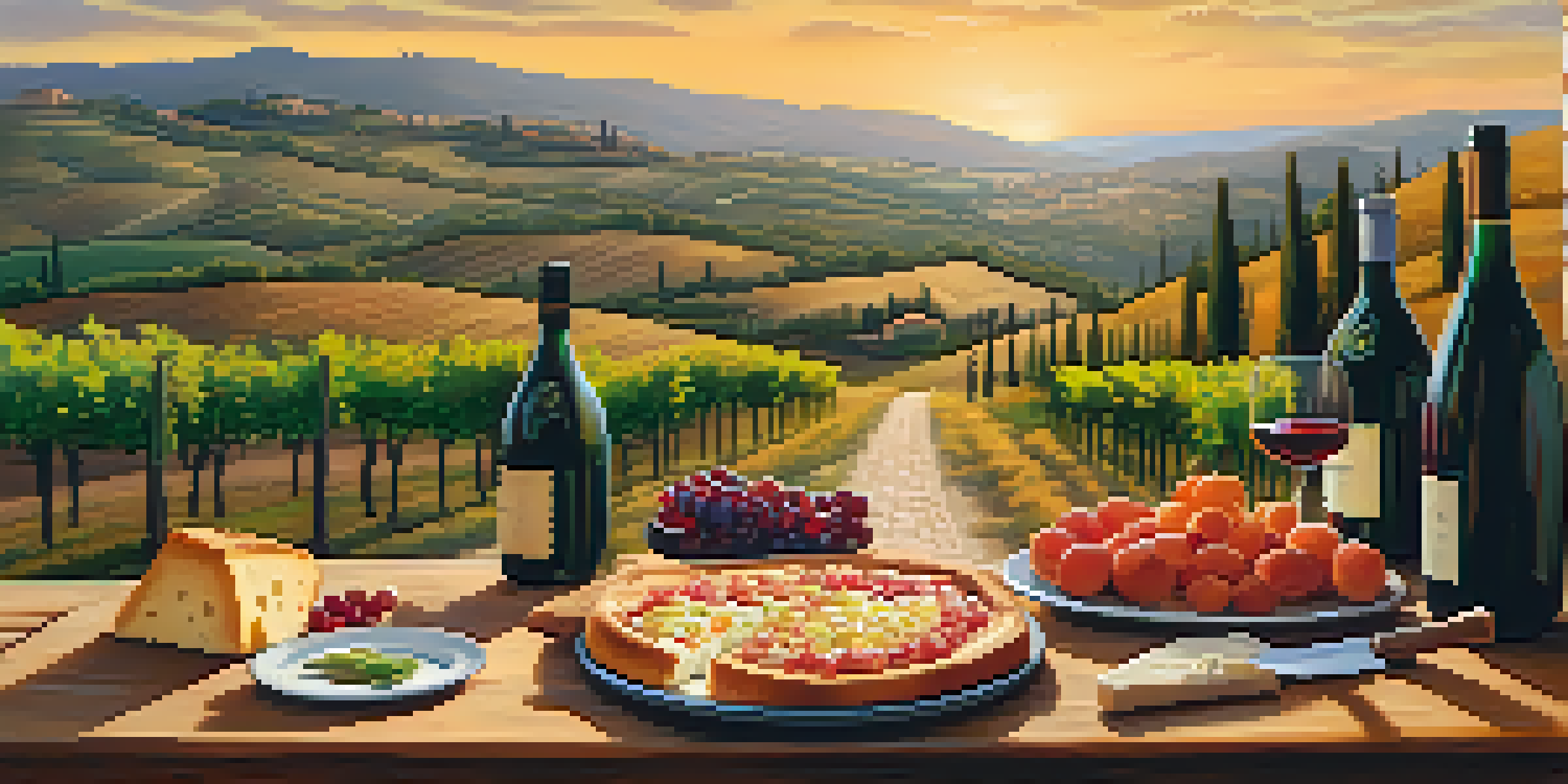 A beautiful landscape of Tuscany featuring a winding road, vineyards, and a wooden table set with local food and wine during sunset.