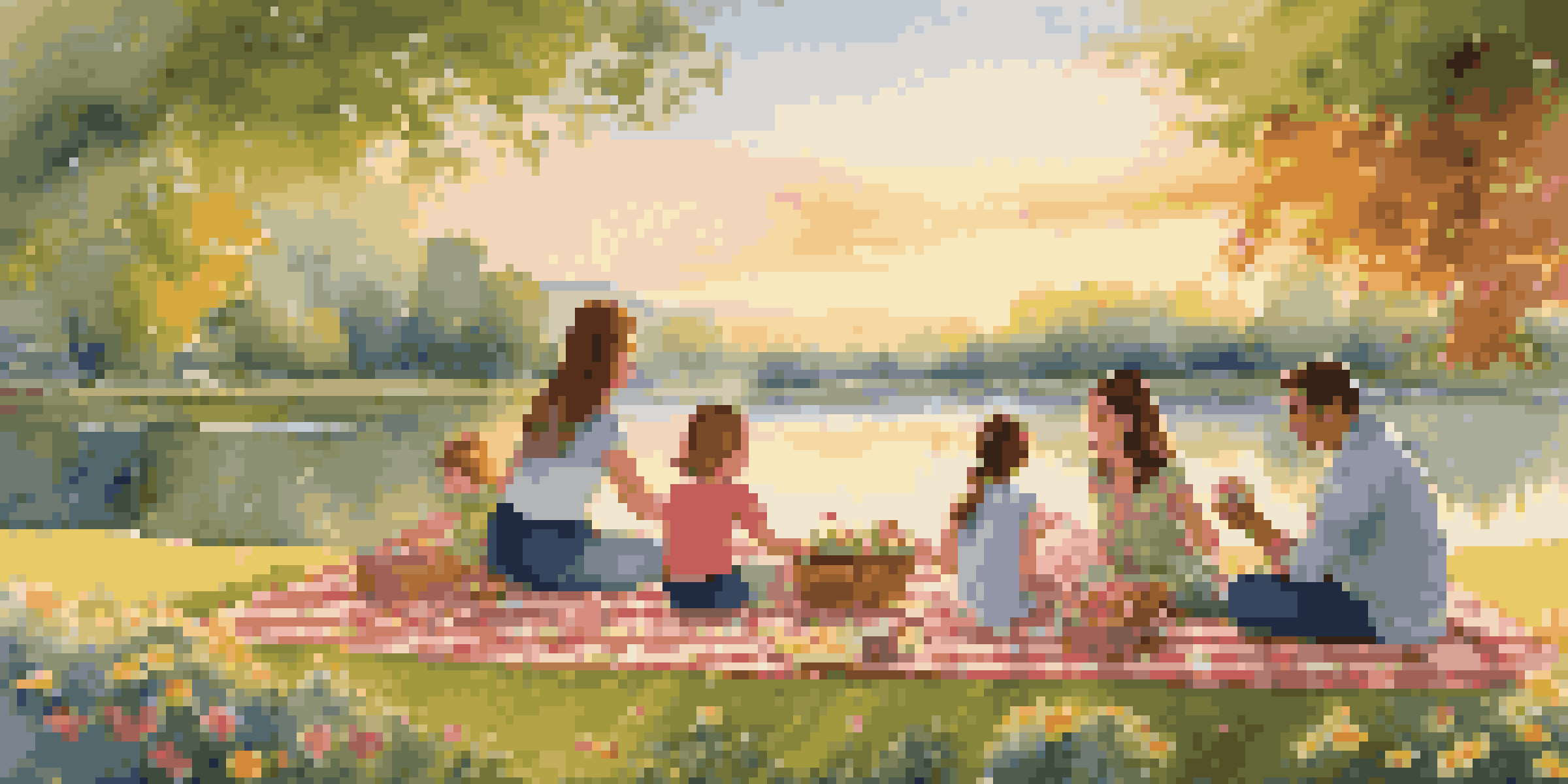 A family enjoying a picnic in a peaceful park during sunset, surrounded by greenery and flowers.