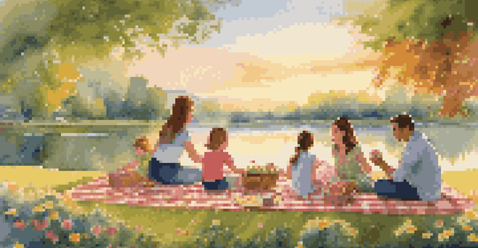 A family enjoying a picnic in a peaceful park during sunset, surrounded by greenery and flowers.