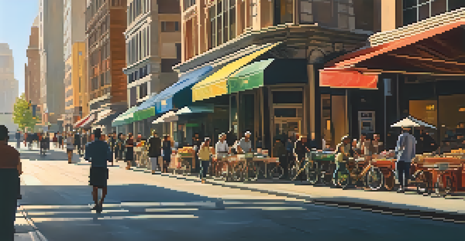 A busy city street during golden hour with people and vendors.