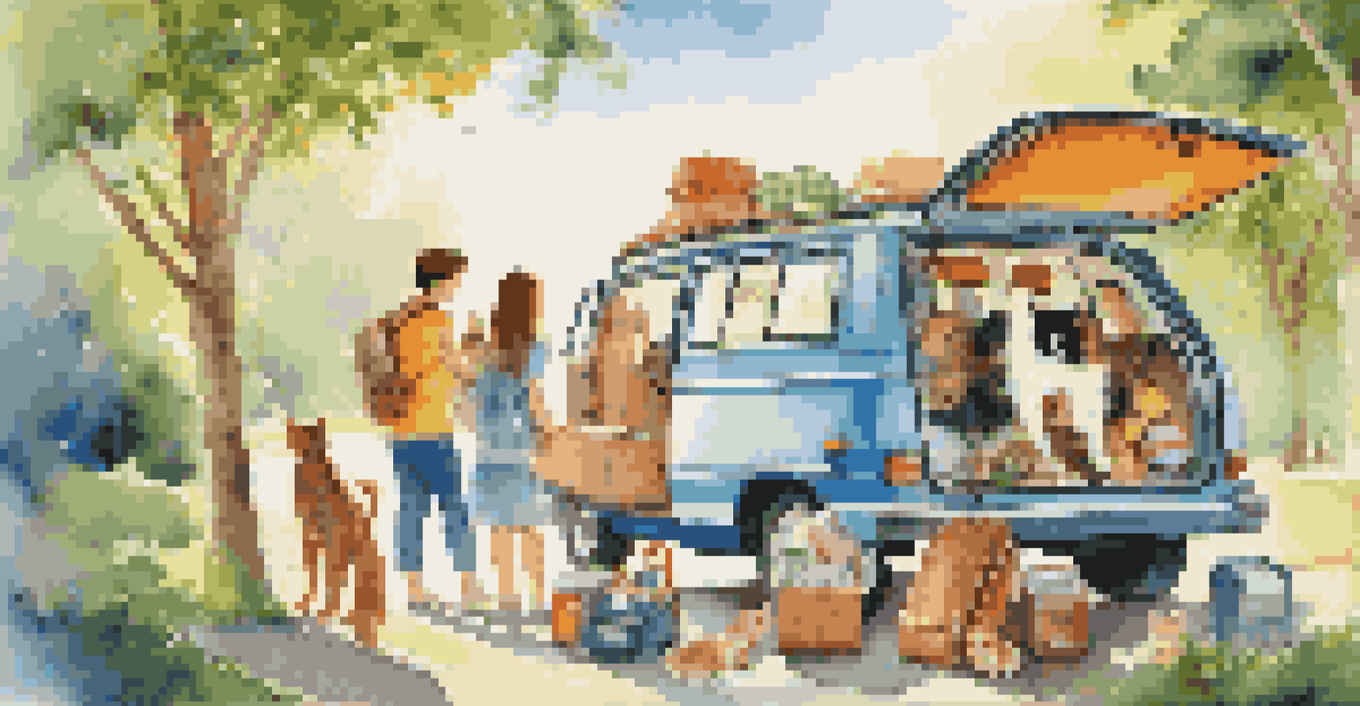 A family packing their car for a road trip with a cat, surrounded by pet-friendly items.