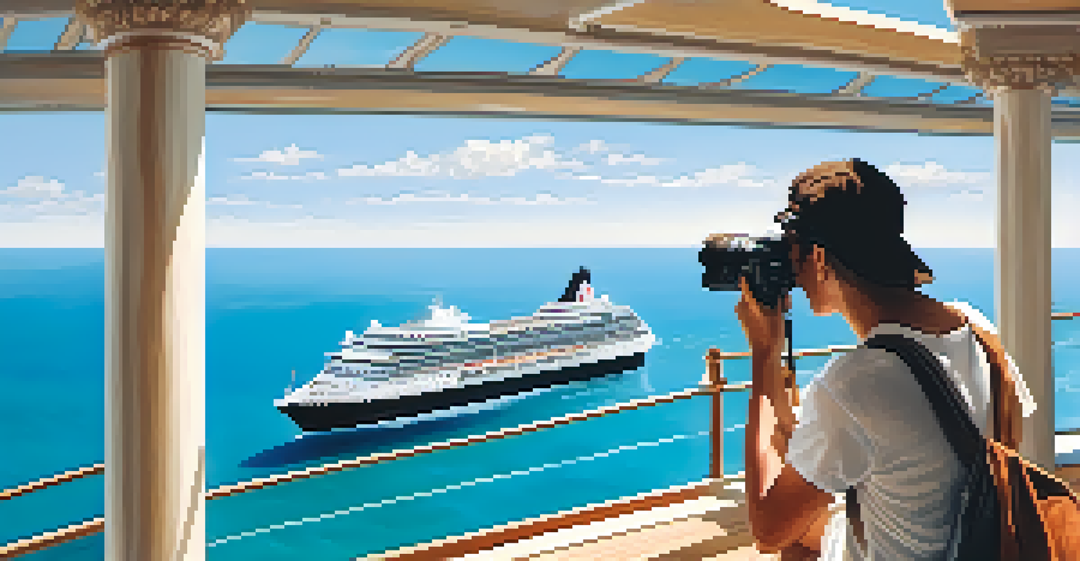 A cruise ship sailing on turquoise waters, with a traveler taking photos against a backdrop of clear blue skies.