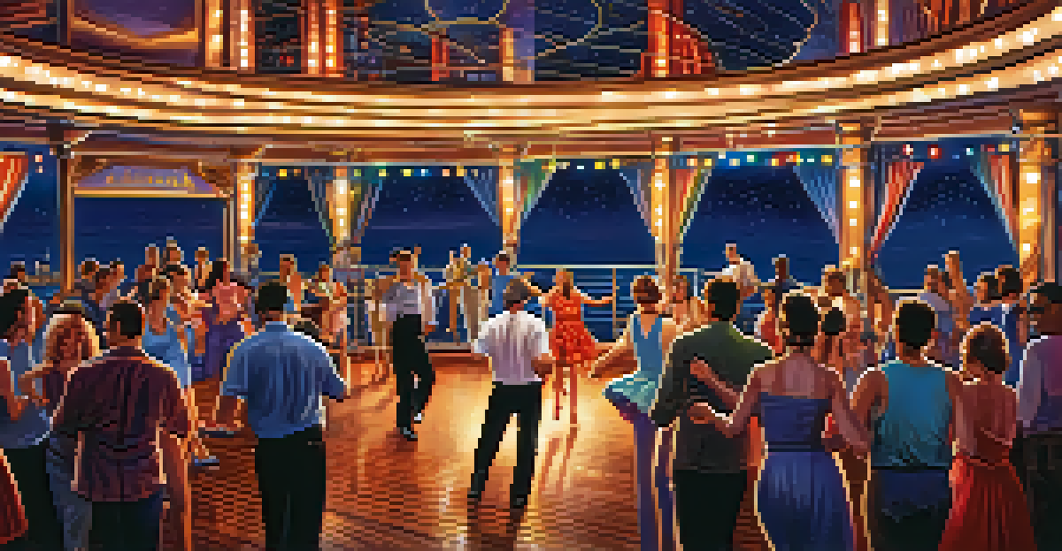 Passengers enjoying a live performance on a cruise ship deck under a starlit sky, with colorful lights and a festive atmosphere.