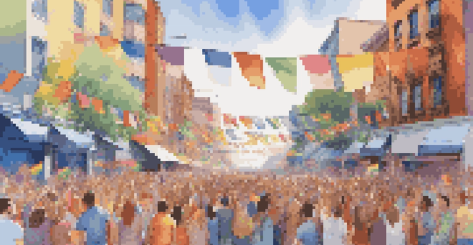 A lively LGBTQ+ pride parade in an urban area with colorful flags and diverse people celebrating under a clear blue sky.