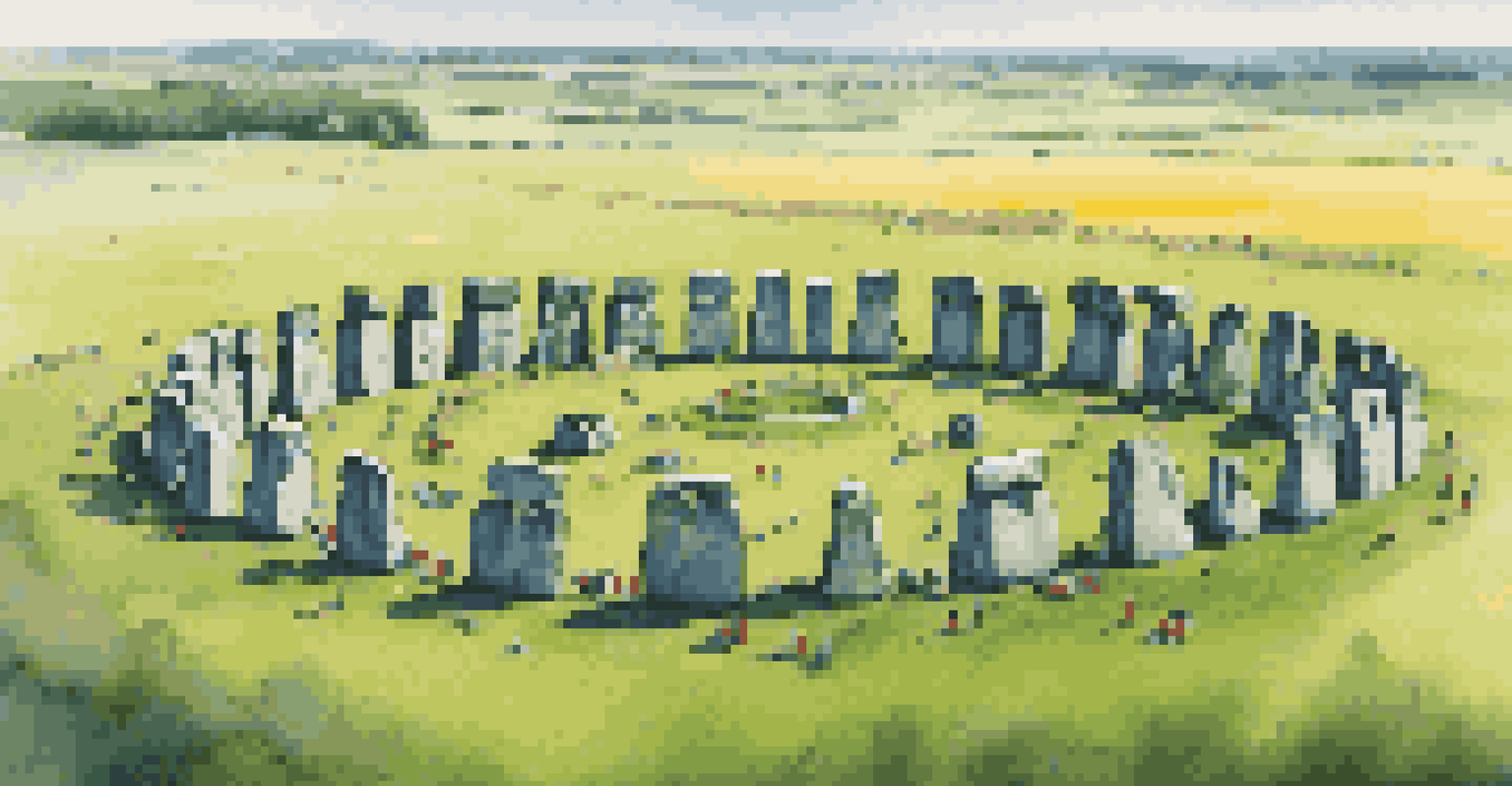 A vibrant aerial view of Stonehenge filled with people celebrating the summer solstice, surrounded by green fields.
