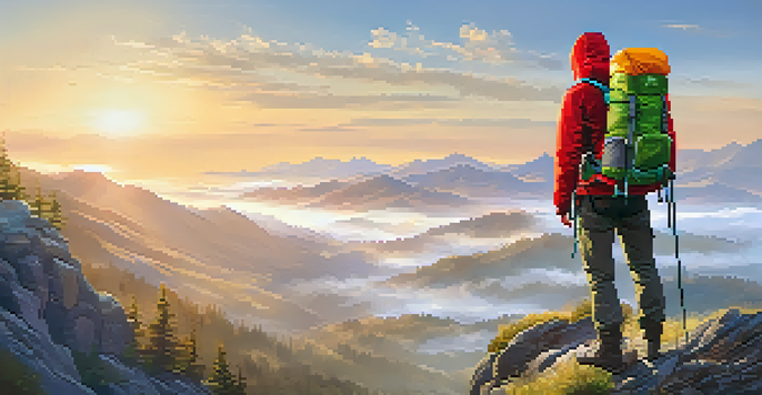 A hiker with a red jacket and green backpack stands on a rocky outcrop, overlooking a misty valley at sunrise, with mountains in the background and wildflowers in the foreground.