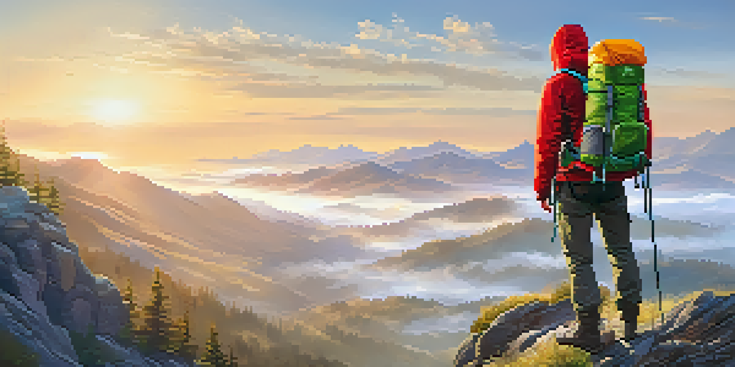 A hiker with a red jacket and green backpack stands on a rocky outcrop, overlooking a misty valley at sunrise, with mountains in the background and wildflowers in the foreground.