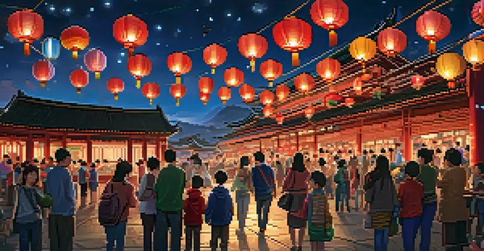 A colorful night scene of the Lantern Festival with various lanterns lighting up the sky and people gathered around, writing wishes.