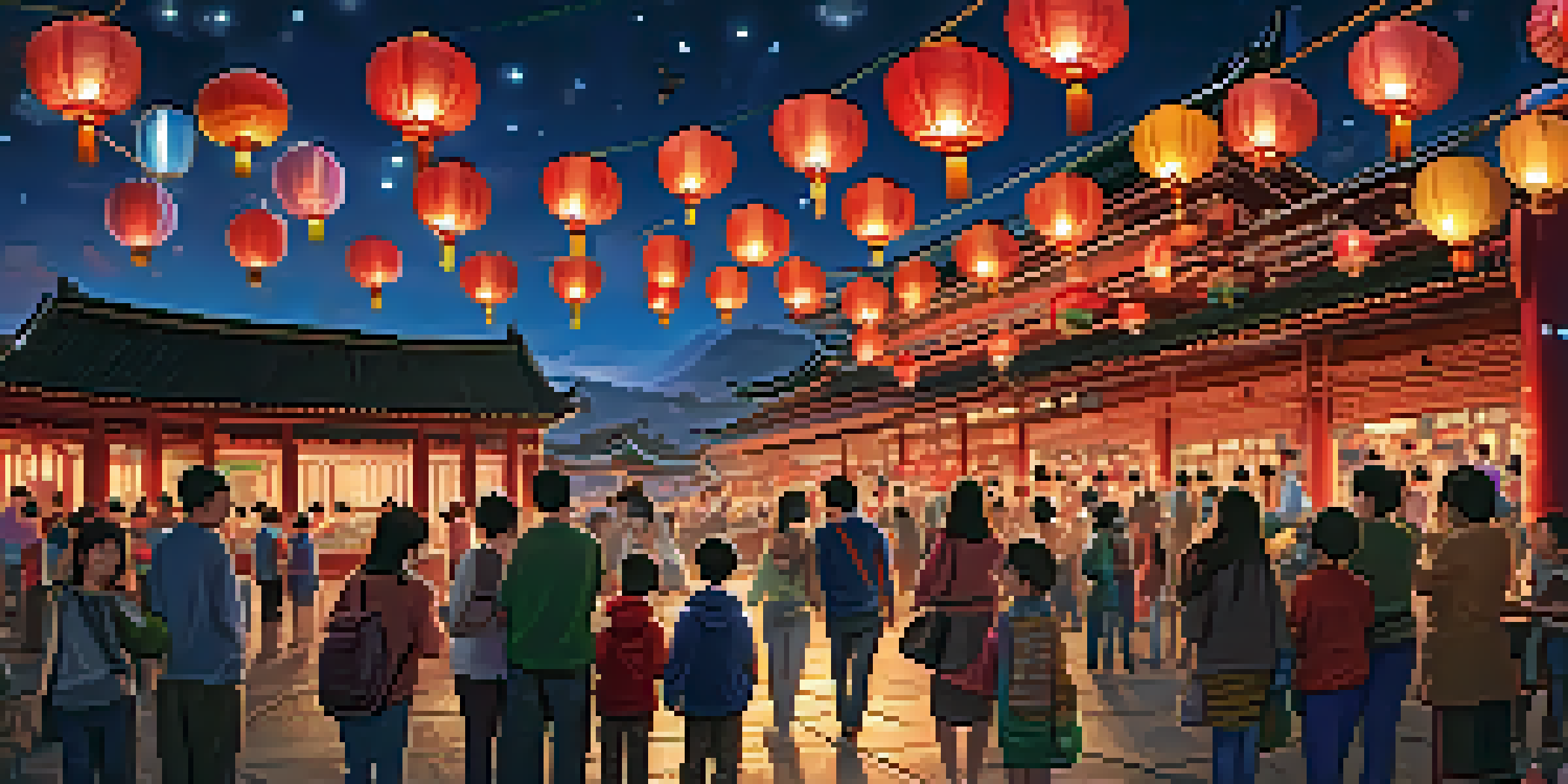 A colorful night scene of the Lantern Festival with various lanterns lighting up the sky and people gathered around, writing wishes.