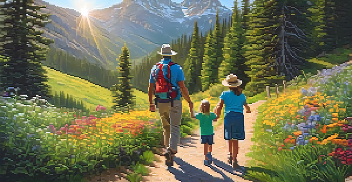 A family of four hiking on a sunny trail in a national park, surrounded by green trees and wildflowers.
