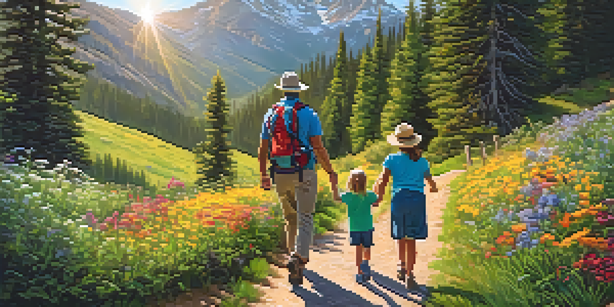 A family of four hiking on a sunny trail in a national park, surrounded by green trees and wildflowers.