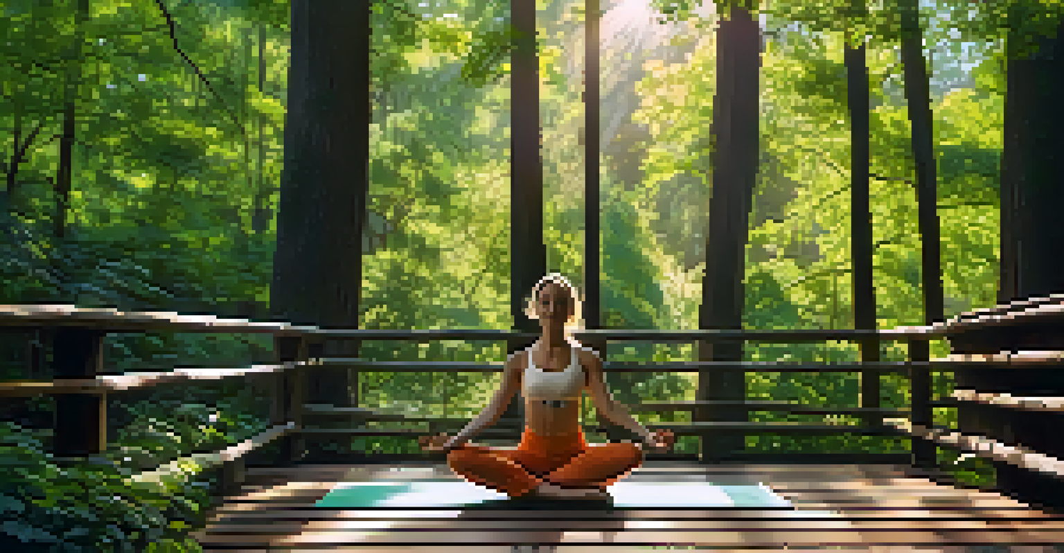 A person practicing yoga in a lush forest on a wooden deck, surrounded by trees and dappled sunlight.
