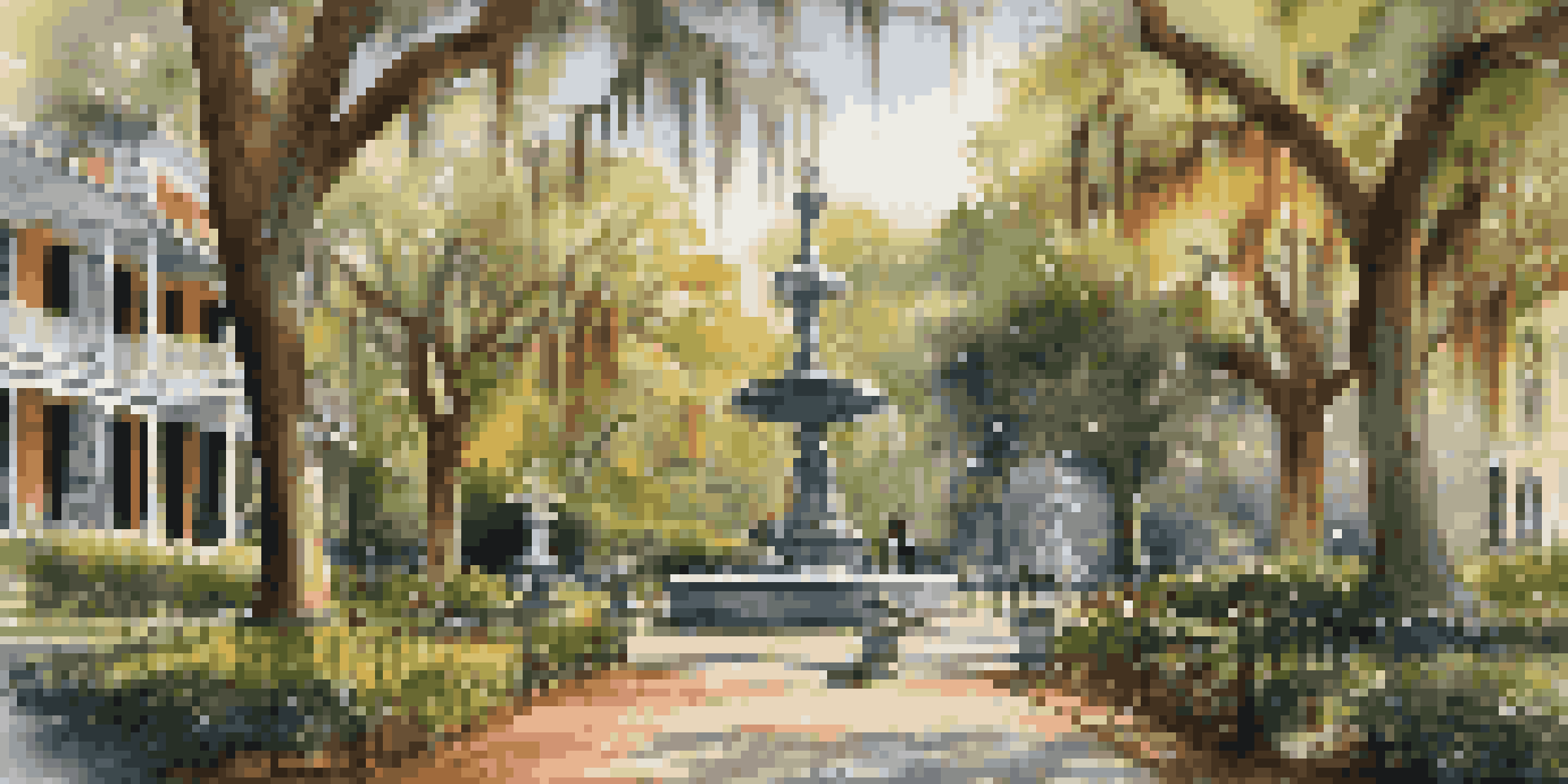 A picturesque view of Forsyth Park, featuring a grand fountain and historic homes, with green trees and sunlight creating a warm atmosphere.