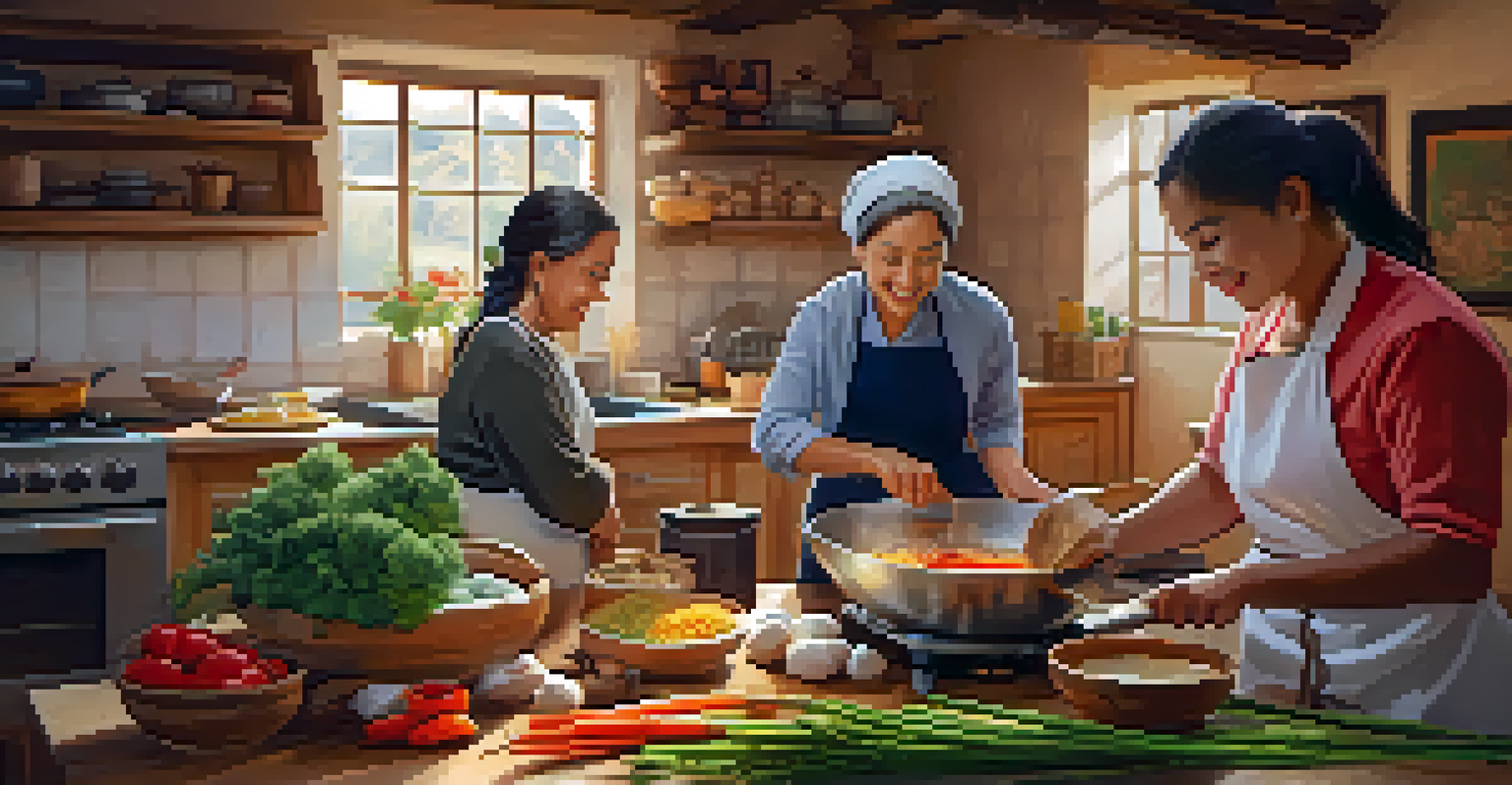 Travelers participating in a cooking class with a local family in a cozy kitchen, surrounded by fresh ingredients.