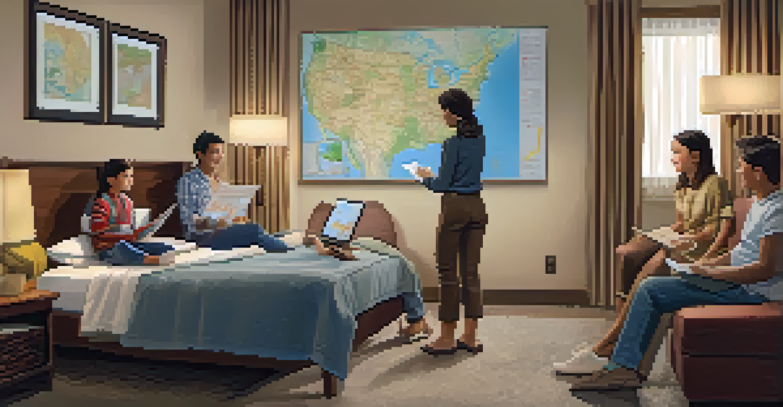 A family discussing their safety plan in a cozy hotel room, with a map and emergency exits visible.