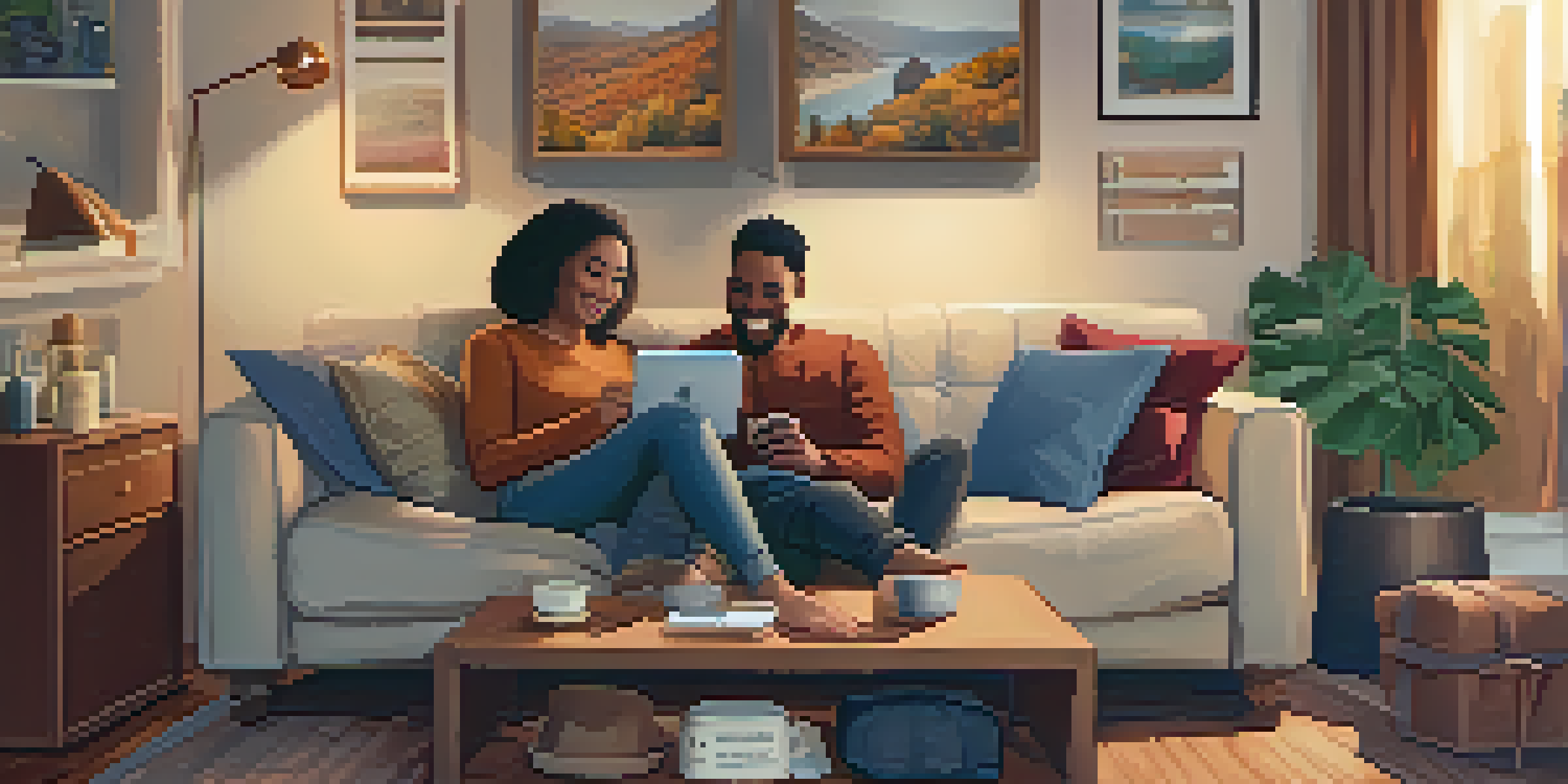 A couple working together on a packing list, sitting on a couch with travel items around them.