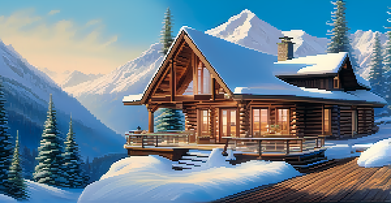 A cozy wooden cabin at a mountain wellness retreat with a hot tub and snow-capped peaks in the background.