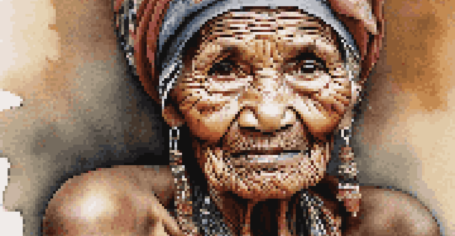 A close-up portrait of an elderly woman with tribal tattoos, capturing her expressive eyes and traditional attire.