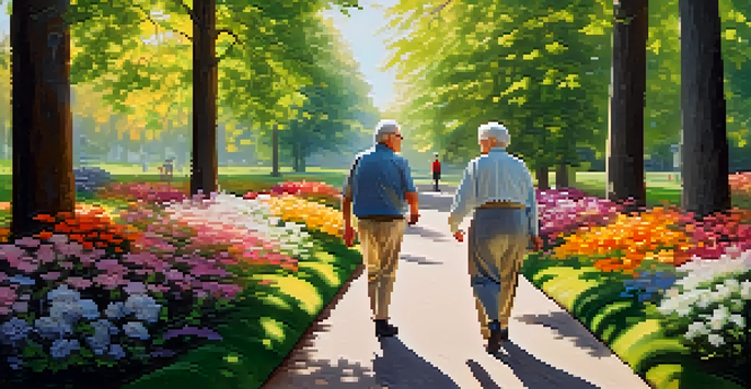 Seniors walking in a beautiful park, surrounded by flowers and trees, enjoying their time together.