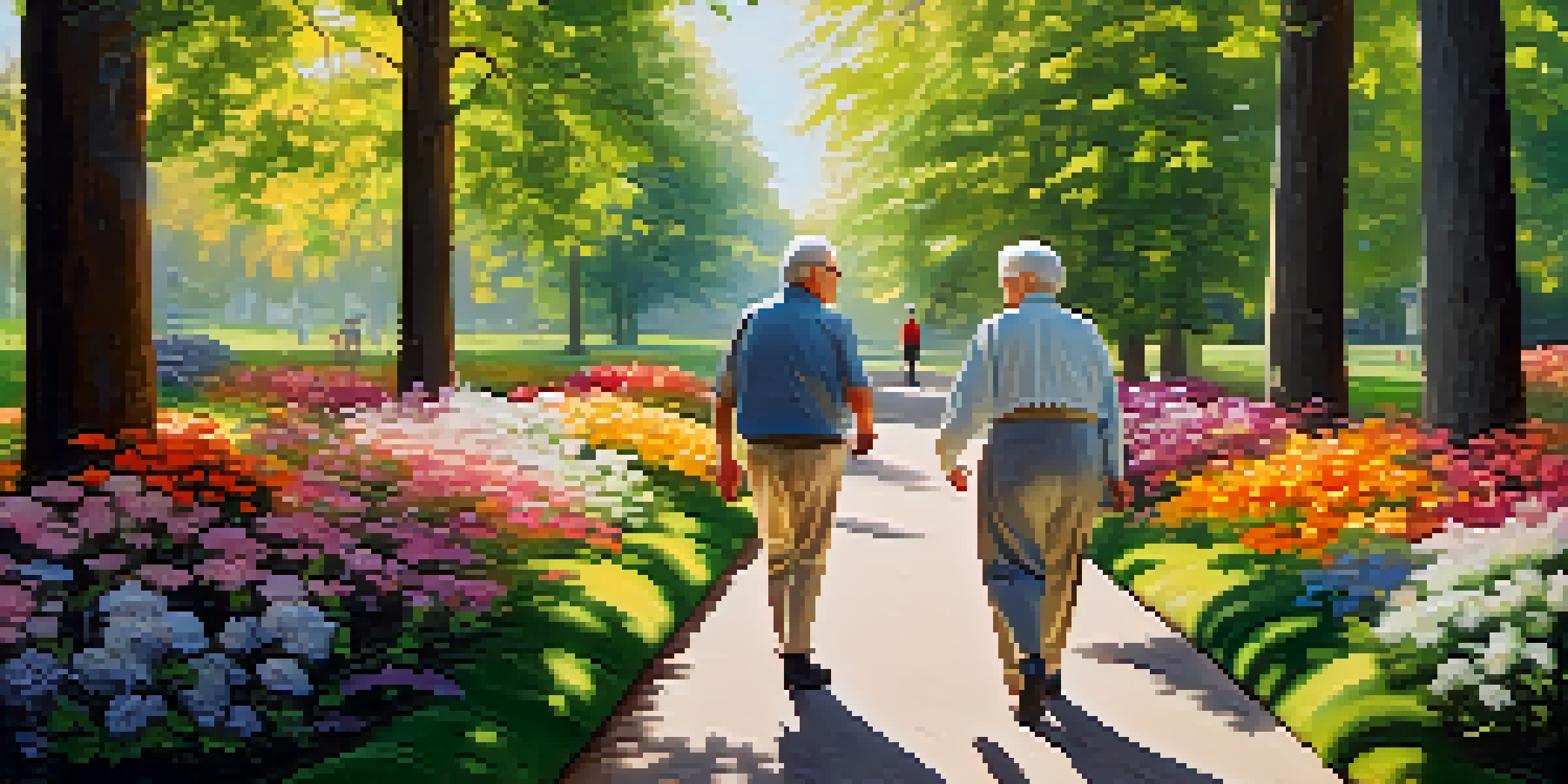 Seniors walking in a beautiful park, surrounded by flowers and trees, enjoying their time together.