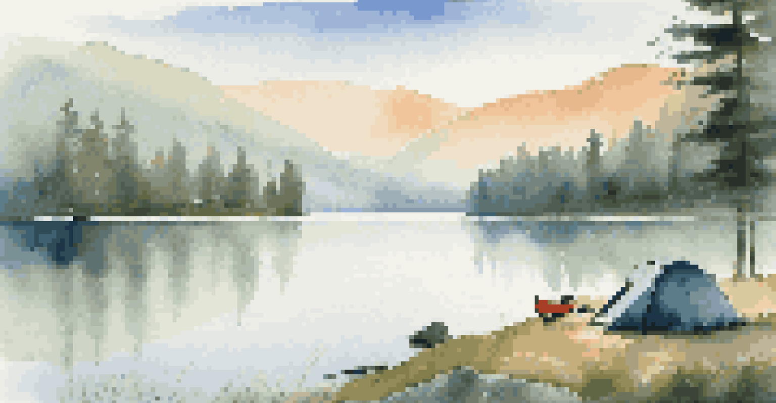 A minimalist campsite by a lake with a tent, campfire, and kayak, surrounded by trees and mountains.