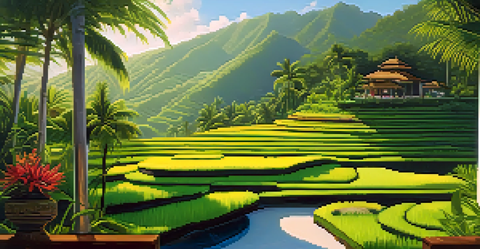 A peaceful view of Bali's rice terraces with yoga practitioners meditating among tropical flowers and palm trees, bathed in warm sunlight.