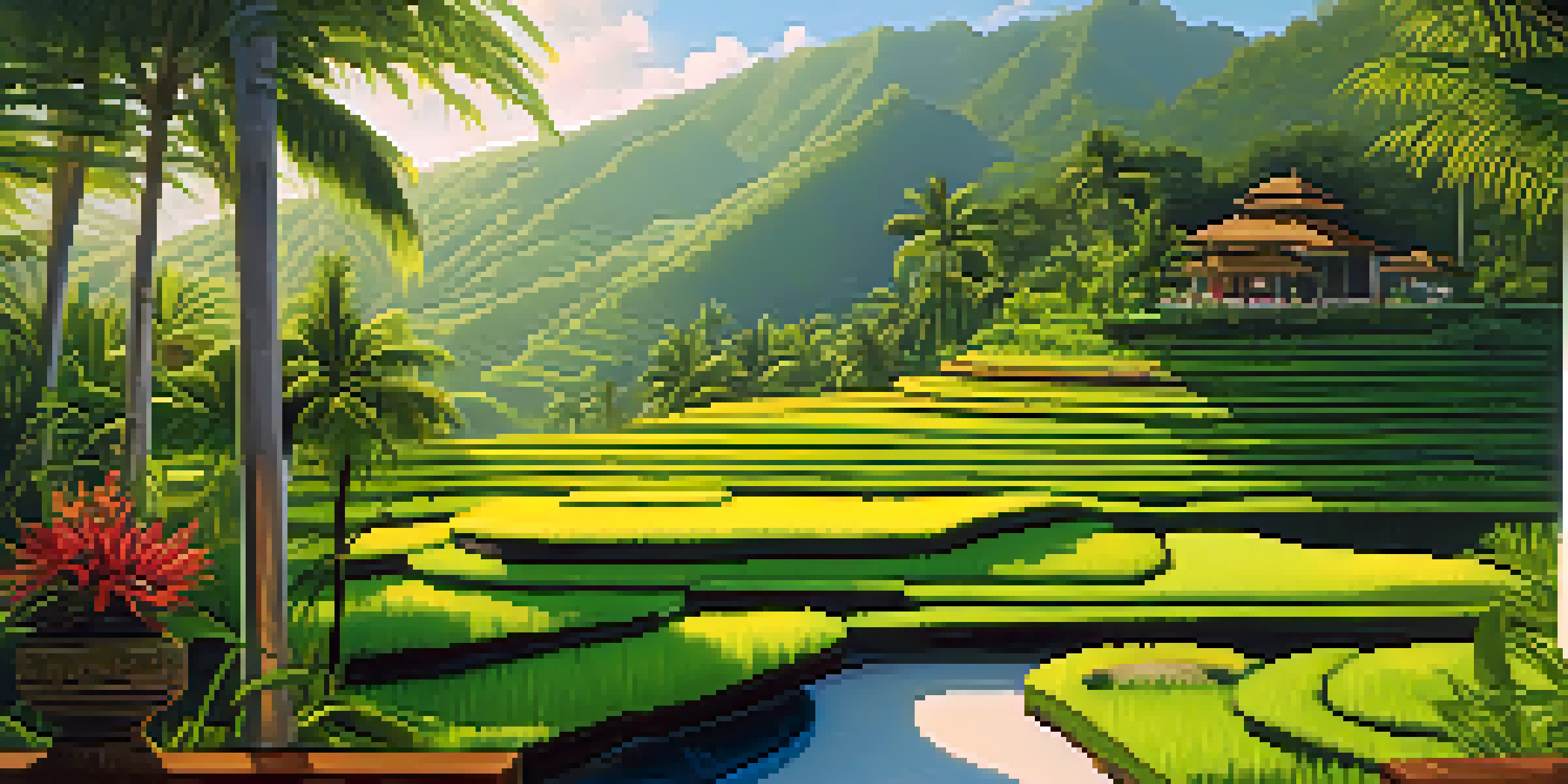 A peaceful view of Bali's rice terraces with yoga practitioners meditating among tropical flowers and palm trees, bathed in warm sunlight.